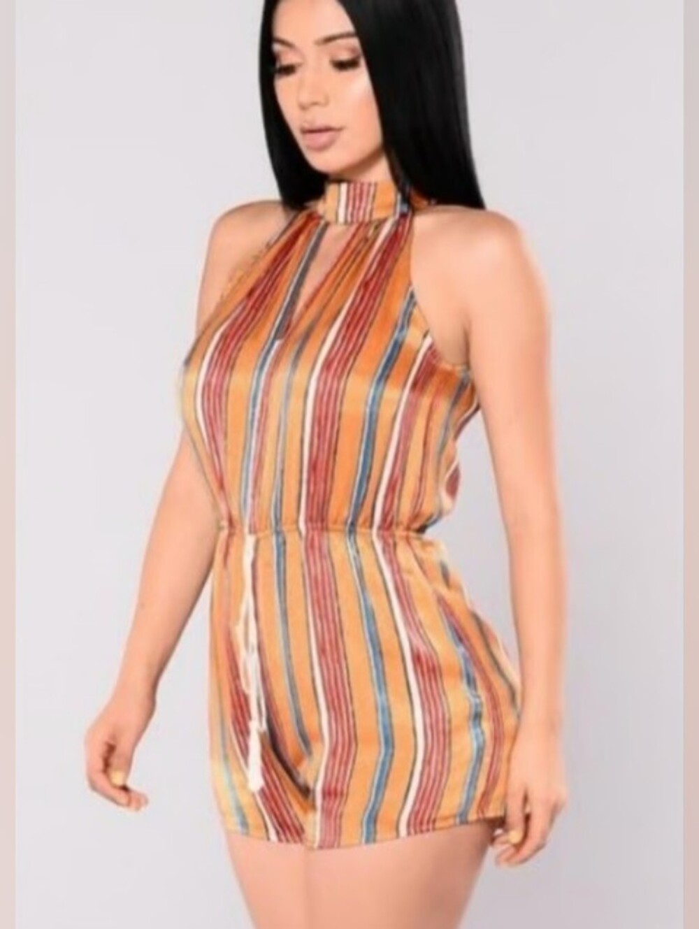 FN Boho Satin Like Striped Halter Romper in Mustard & Red